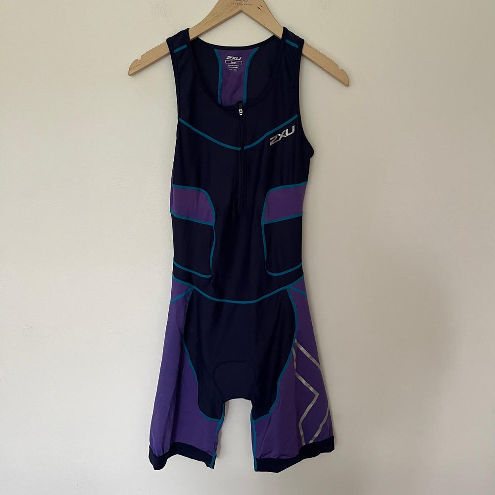 2XU Mens Large Trisuit Navy Purple Teal Padded Compression Triathlon Suit Zip